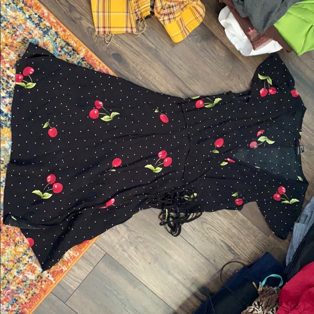 Black wrap dress with cherries